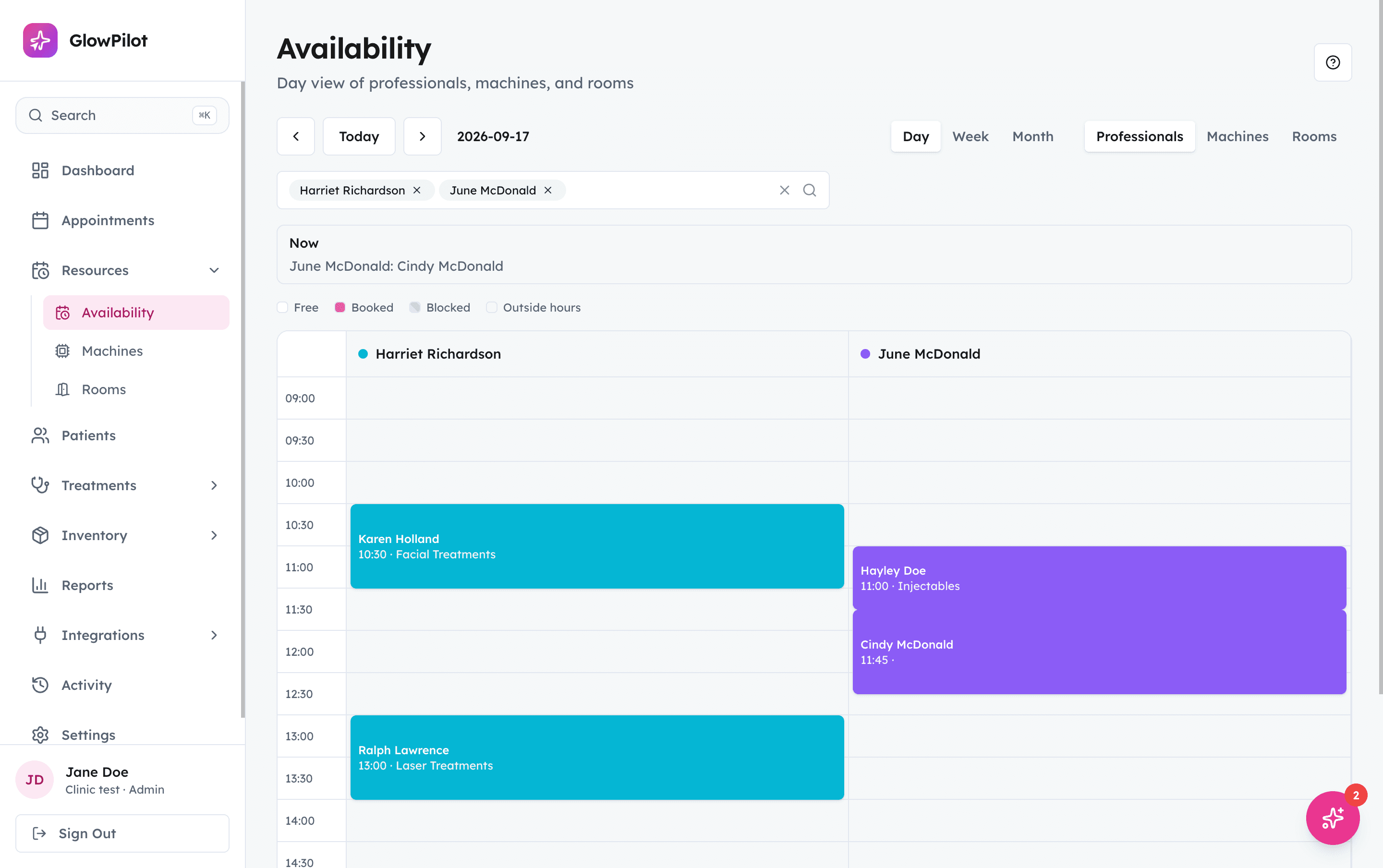 Rooms, machines and availability